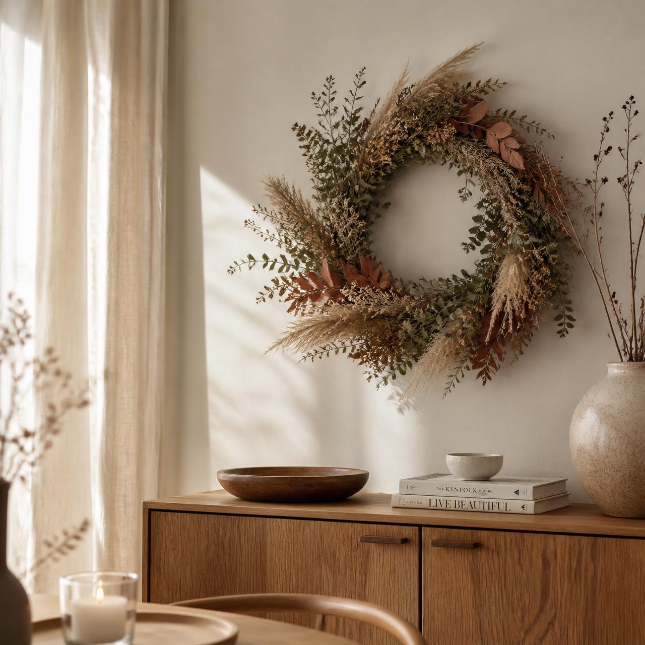 Handgemaakte Fasòn kerstkrans in een warm atelierinterieur